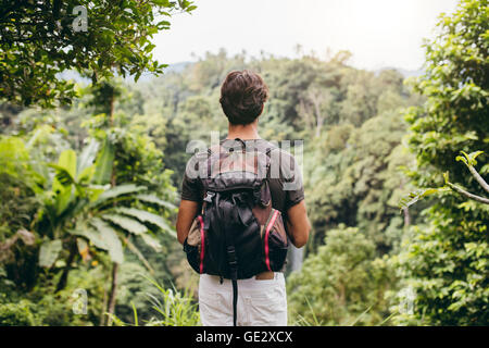 Vue arrière de l'homme à la recherche à cascade. Male hiker debout dans la forêt et cascade de visualisation. Banque D'Images