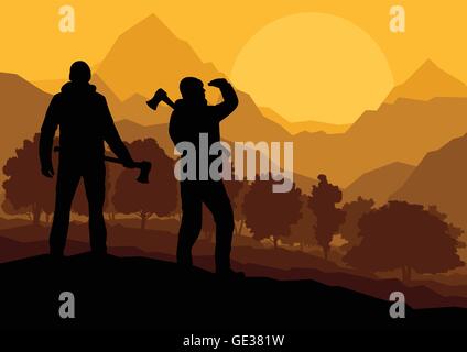 Enregistreurs avec axes en forêt de montagne sauvage nature paysage vector Illustration de Vecteur