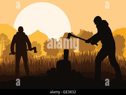 Enregistreurs avec axes en forêt de montagne sauvage nature paysage vector Illustration de Vecteur