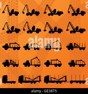 Tracteurs forestiers, des camions et des distributeurs de machines hydrauliques modifiables illustration détaillée silhouettes collection contexte vecto Illustration de Vecteur