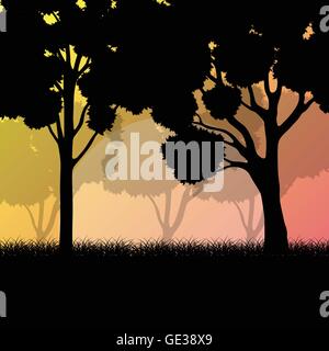 Les arbres forestiers sunrise paysage vector background illustration concept mystère Illustration de Vecteur