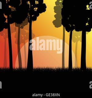 Les arbres forestiers sunrise paysage vector background illustration concept mystère Illustration de Vecteur