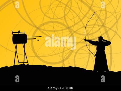 Kendo kyudo japonais Active sport arts martiaux archer bow chasse silhouette abstract background vector illustration Illustration de Vecteur