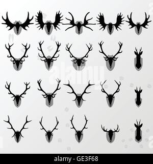 Chevreuil, orignal et doe cornes trophée de chasse et fusils de chasse Illustration de Vecteur