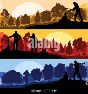 Enregistreurs avec axes en forêt de montagne sauvage nature paysage vector Illustration de Vecteur