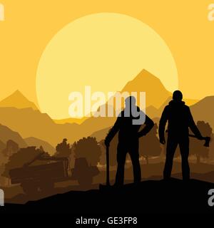 Enregistreurs avec axes en forêt de montagne sauvage nature paysage vector Illustration de Vecteur