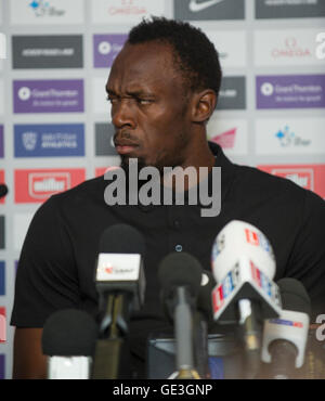 Londres, Royaume-Uni. 21 juillet, 2016. Usain Bolt de la Jamaïque arrive pour une conférence de presse avant la Muller jeux anniversaire au stade - Queen Elizabeth Olympic Park le 21 juillet 2016 à Londres, en Angleterre. Crédit : Gary Mitchell/Alamy Live News Banque D'Images