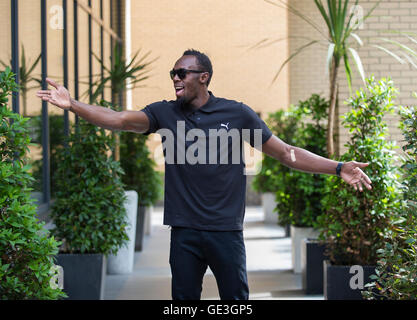 Londres, Royaume-Uni. 21 juillet, 2016. Usain Bolt de la Jamaïque arrive pour une conférence de presse avant la Muller jeux anniversaire au stade - Queen Elizabeth Olympic Park le 21 juillet 2016 à Londres, en Angleterre. Crédit : Gary Mitchell/Alamy Live News Banque D'Images