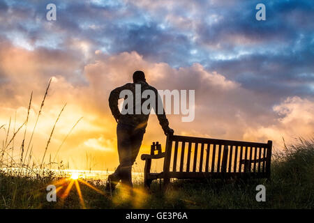 Southport, Merseyside, Royaume-Uni. 23 juillet, 2016. Un observateur est découpé sur un magnifique lever du soleil sur la Réserve Naturelle RSPB à Southport, Merseyside, Royaume-Uni. Les cannaies terres humides protégées sur la côte nord-ouest, offrent un habitat pour les nombreux milliers d'oiseaux migrateurs qui reste ici. Credit : Cernan Elias/Alamy Live News Banque D'Images