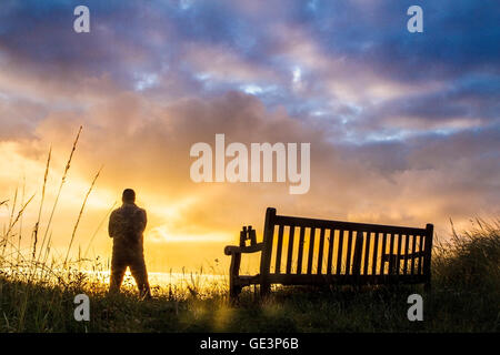 Southport, Merseyside, Royaume-Uni. 23 juillet, 2016. Un observateur est découpé sur un magnifique lever du soleil sur la Réserve Naturelle RSPB à Southport, Merseyside, Royaume-Uni. Les cannaies terres humides protégées sur la côte nord-ouest, offrent un habitat pour les nombreux milliers d'oiseaux migrateurs qui reste ici. Credit : Cernan Elias/Alamy Live News Banque D'Images