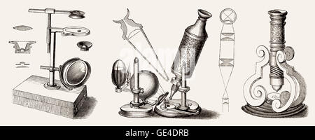 Microscopes anciens par Jean Brassard, Robert Hooke, Johann Franz Griendel, 17e et 18e siècle Banque D'Images