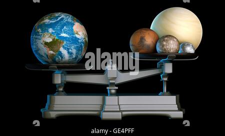 La masse de la terre. Illustration de la route ou des planètes rocheuses du système solaire sur une balance, avec la terre l'emporte sur toutes les autres planètes rocheuses et la Lune réunis. La masse combinée de Vénus, Mars, Mercure et la Lune est de 98,9  % de la masse de la Terre. Banque D'Images