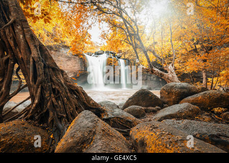 Déménagement boue lumineuse cascade en automne forêt entourée de l'oranger. La lumière du soleil qui brillait à travers le feuillage et les feuilles sur le dessus. Banque D'Images