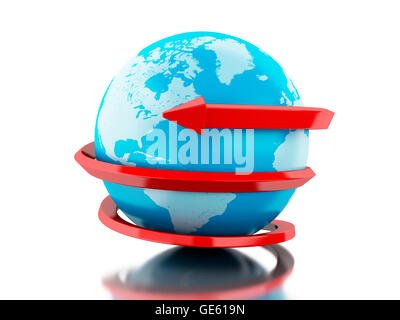 Moteur de rendu 3d image. Globe avec flèche rouge cercle autour. Isolé sur fond blanc. Banque D'Images