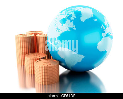 Moteur de rendu 3d image. Globe avec des pièces. De l'argent Global concept. Isolé sur fond blanc. Banque D'Images