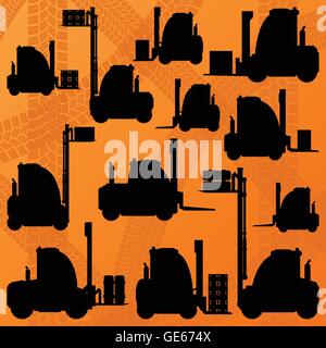 Chariot d'entrepôt machines chargeurs de fret modifiable détaillée collection illustration Silhouettes vecteur d'arrière-plan Illustration de Vecteur