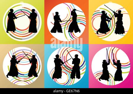 Épée de Kendo japonais actifs combattants arts martiaux sport Silhouettes vecteur Illustration de Vecteur