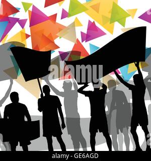 Silhouettes de personnes ou d'encouragement qui protestent contre l'homme et de la femme avec des bannières et affiches dans abstract background vector illustration Illustration de Vecteur