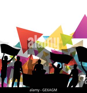 Silhouettes de personnes ou d'encouragement qui protestent contre l'homme et de la femme avec des bannières et affiches dans abstract background vector illustration Illustration de Vecteur