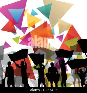 Silhouettes de personnes ou d'encouragement qui protestent contre l'homme et de la femme avec des bannières et affiches dans abstract background vector illustration Illustration de Vecteur