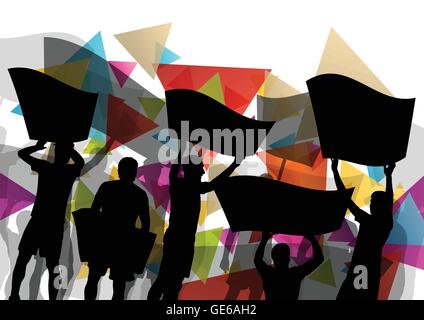 Silhouettes de personnes ou d'encouragement qui protestent contre l'homme et de la femme avec des bannières et affiches dans abstract background vector illustration Illustration de Vecteur