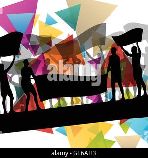 Silhouettes de personnes ou d'encouragement qui protestent contre l'homme et de la femme avec des bannières et affiches dans abstract background vector illustration Illustration de Vecteur