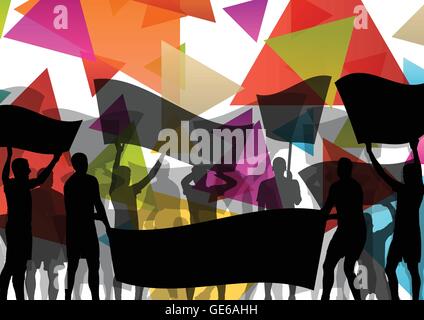 Silhouettes de personnes ou d'encouragement qui protestent contre l'homme et de la femme avec des bannières et affiches dans abstract background vector illustration Illustration de Vecteur