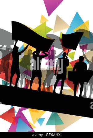 Silhouettes de personnes ou d'encouragement qui protestent contre l'homme et de la femme avec des bannières et affiches dans abstract background vector illustration Illustration de Vecteur