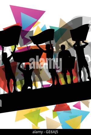 Silhouettes de personnes ou d'encouragement qui protestent contre l'homme et de la femme avec des bannières et affiches dans abstract background vector illustration Illustration de Vecteur