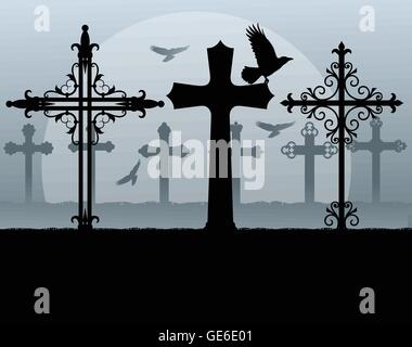 Spooky Halloween cimetière, cimetière vintage avec une vive traverse et Raven Illustration de Vecteur
