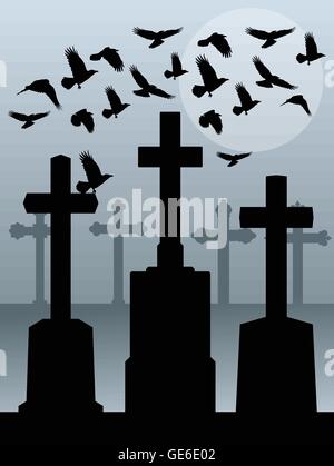 Spooky Halloween cimetière, cimetière vintage avec une vive traverse et Raven Illustration de Vecteur