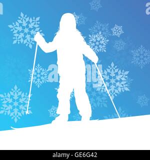 Ski enfant jeune skieuse de fond d'hiver ski concept avec des flocons de tomber Illustration de Vecteur