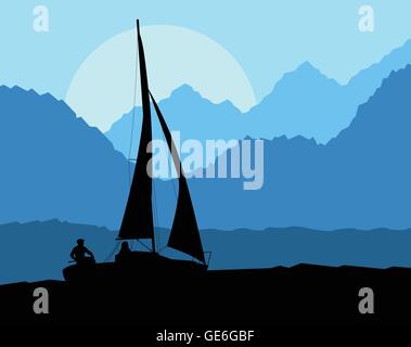 Location de bateau à vector background concept en face de montagnes pour poster Illustration de Vecteur