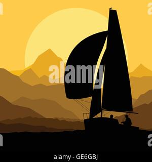 Location de bateau à vector background concept en face de montagnes pour poster Illustration de Vecteur