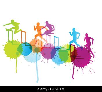 Les hommes actifs sportifs athlétisme haies course barrière illustration Silhouettes vecteur de fond concept avec éclaboussures de couleurs Illustration de Vecteur