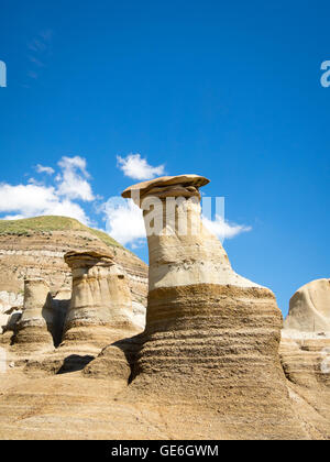 Cheminées, suppression des formations géologiques, dans les badlands juste à l'extérieur de Drumheller, Alberta, Canada. Banque D'Images