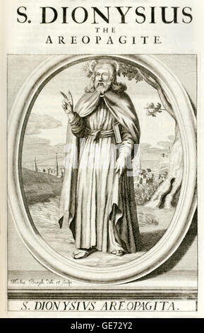 Saint Denys l'Aréopagite (vers 1er siècle) converti au christianisme par la prédication de l'Apôtre saint Paul durant l'Aréopage sermon et premier évêque d'Athènes montré tenant un livre de l'Evangile. Banque D'Images