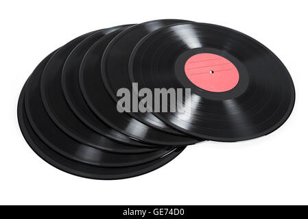 Pile de disques en vinyle isolé sur fond blanc avec clipping path Banque D'Images