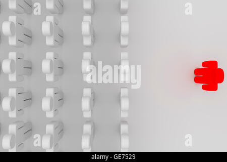 Un homme rouge devant une foule de gens simples, vue de dessus, 3D Rendering Banque D'Images