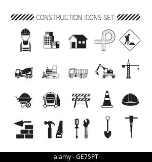 Les objets de la construction d'ossature Icons Set, noir et blanc, Monochrome, travailleur, équipements, véhicules, Illustration de Vecteur