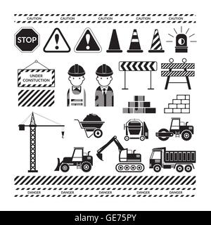 Les objets de la construction d'ossature fixés, noir et blanc, Monochrome, travailleur, équipements, véhicules, Illustration de Vecteur