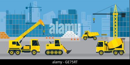 Les véhicules de construction sur place, l'arrière-plan, l'équipement lourd, de la machinerie, de l'ingénierie Illustration de Vecteur