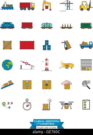 Collection de marchandises, Expédition, logistique et transport de fret avec icônes de ligne de couleur de remplissage Illustration de Vecteur