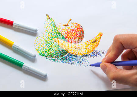 Dessin à la main de l'homme une nature morte en utilisant des marqueurs de couleur. Pointillisme technique. Banque D'Images