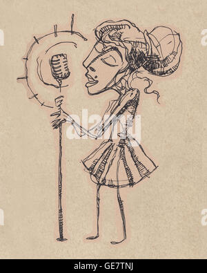 Illustration à la main ou d'un dessin d'une fille chanter avec un microphone dans un style rétro Banque D'Images