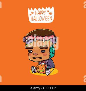 Vector Illustration of Cute Cartoon Character Frankenstein pour Halloween Greeting Card Illustration de Vecteur