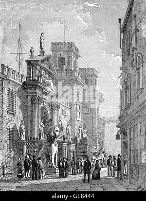 19e siècle vue de l'entrée de l'Arsenal de Venise, un complexe d'anciens chantiers navals et armoiries sont regroupés dans la ville de Venise en Italie du nord. La propriété de l'état, c'était "l'une des plus anciennes entreprises industrielles de l'histoire'. Banque D'Images