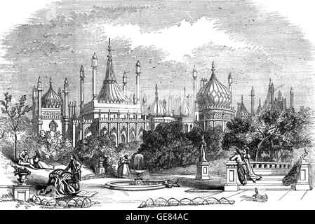 Le Royal Pavilion, également connu sous le nom de Brighton Pavilion, est une ancienne résidence royale située à Brighton, Angleterre. Il a été construit en trois étapes en tant que station retraite pour George, Prince de Galles dans le style Indo-Saracenic prévalent en Inde pour la plus grande partie du xixe siècle. L'aspect actuel du Pavillon, avec ses coupoles et minarets, est le travail de l'architecte John Nash, qui a prolongé l'immeuble à partir de 1815. Banque D'Images