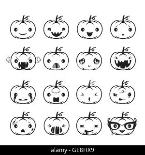 Émoticônes citrouille Set, maison de vacances, mystère, expression faciale, emoji, sentiment, humeur, personnalité, symbole, octobre Illustration de Vecteur