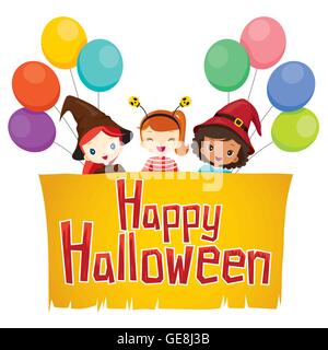 Les filles avec Happy Halloween bannière, mystère, maison de vacances, de la culture, de l'Octobre, décoration, la fantaisie, la nuit de la partie Illustration de Vecteur